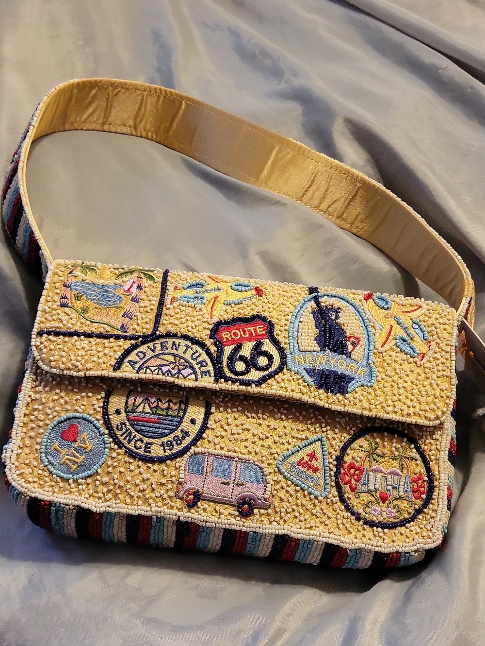 Beaded Cream Shoulder Bag - Travel Patch Design Bnwt